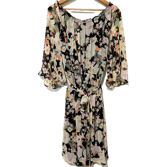 LC Lauren Conrad Dresses & Skirts - Lauren Conrad Size 1X Elegant Floral Black Midi Dress 3/4 Sleeves